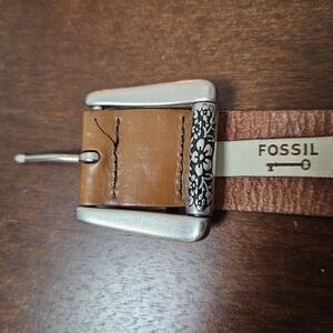 Fossil Brown Leather Western Belt with Etched Floral Buckle - Size Small